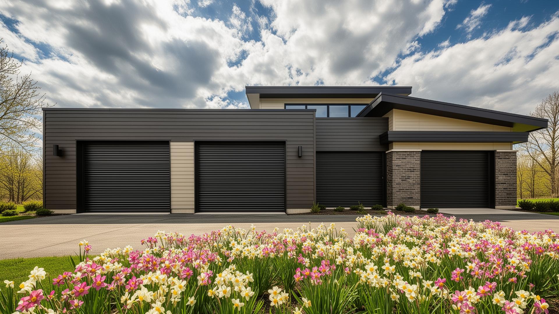 Modern prairie style home with industrial ribbed steel garage doors - Rose Hill Garage Doors in Rose Hill NC